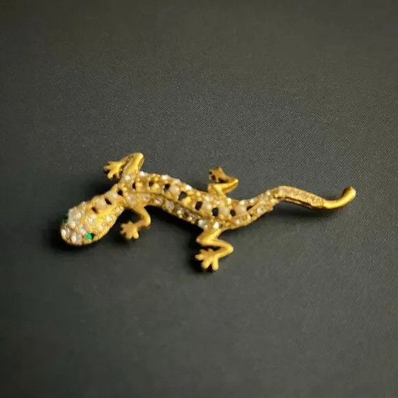 Gold Tone Gecko Lizard Brooch Rhinestone Greeb Eyes Animal Pin Statement‎ 2.75