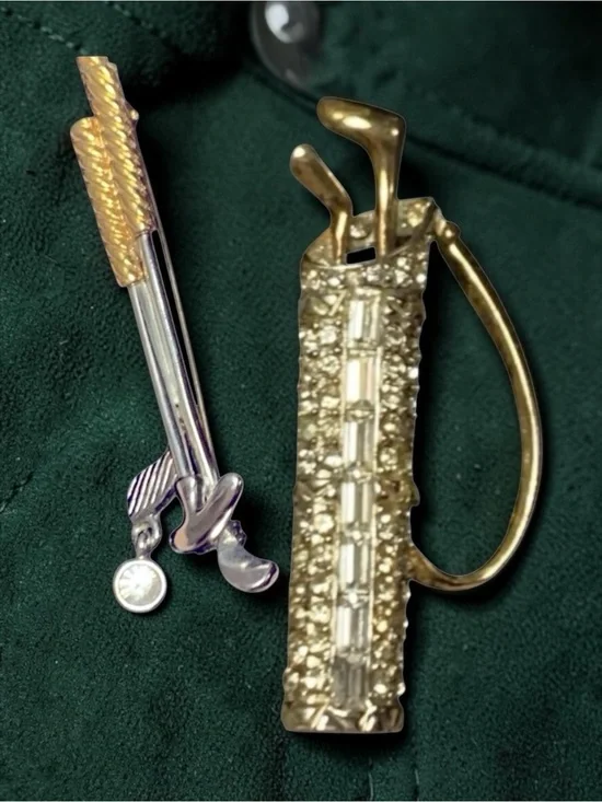 Set of Golf Clubs & Club bag Gold Tone Crystal Rhinestone Gem  2.25” Brooches