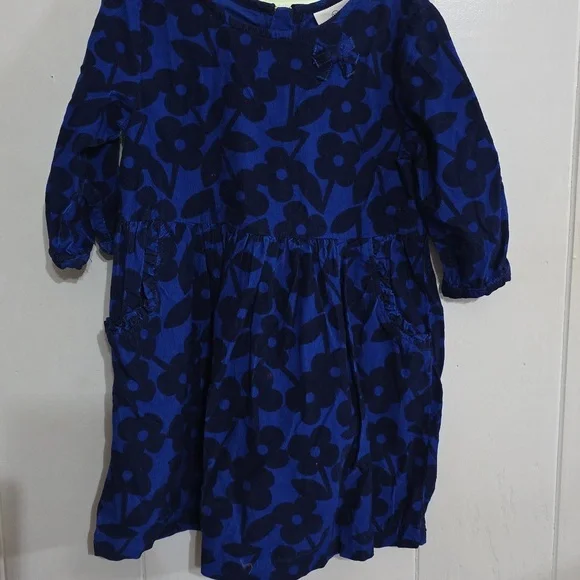 Hanna Andersson Girls Corduroy Dress Blue Floral Pockets Sz 110/5-6X EUC‎