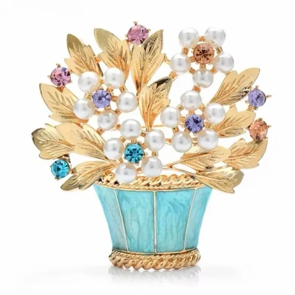 Elegant Gold & Blue Floral Brooch.