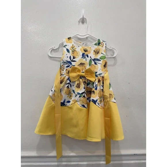 Girls Yellow Floral Party Dress Sleeveless Bow Tie Back Special Occasion Dress