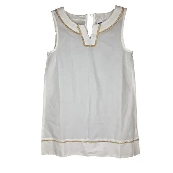 Janie and Jack White Dress Girls Size 4, 100% Cotton, Gold-Trimmed V-Neck