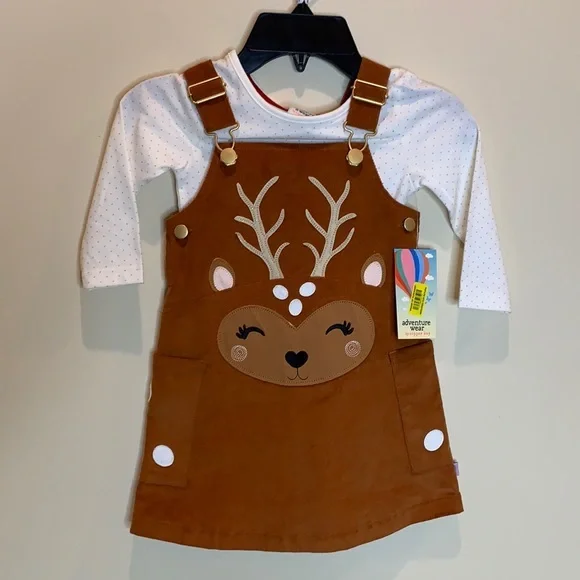 NWT...Girls woodland deer overall bib dress