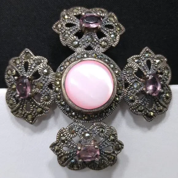 Sterling Marcasite Pink Shell Brooch, 925 NE, Purple Glass, 1950s Vintage