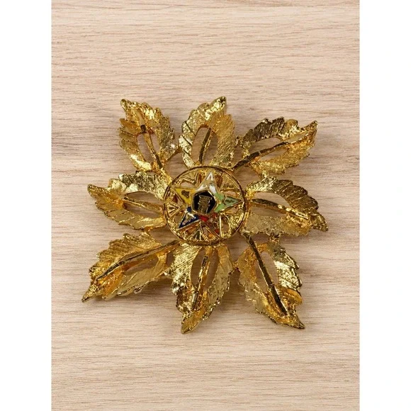 Vintage Order of the Eastern Star Gold Tone Leaf Brooch Pin OES Fraternal Jewel
