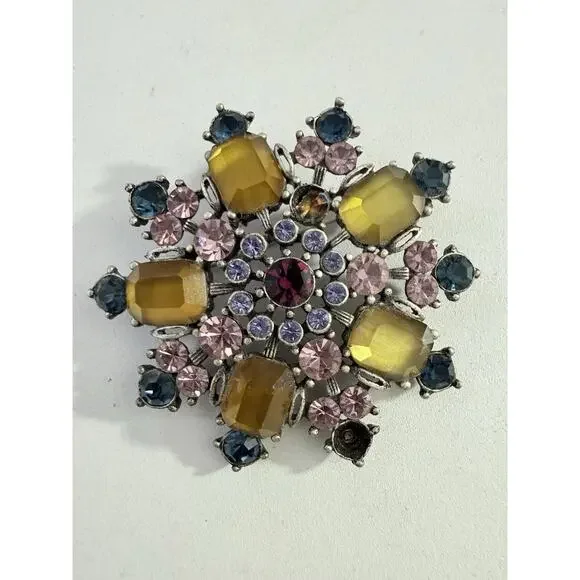 Vintage Snowflake Rhinestone Brooch Multicolor Pink Blue Yellow Missing Stone