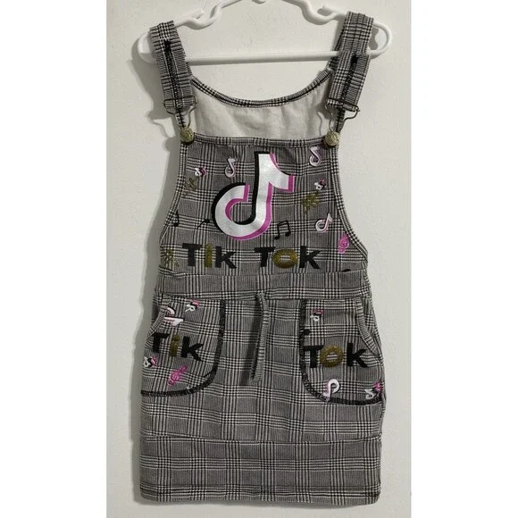 TikTok Overall Dress Toddler Girls 2T Black White Pink Gold Plaid Houndstooth