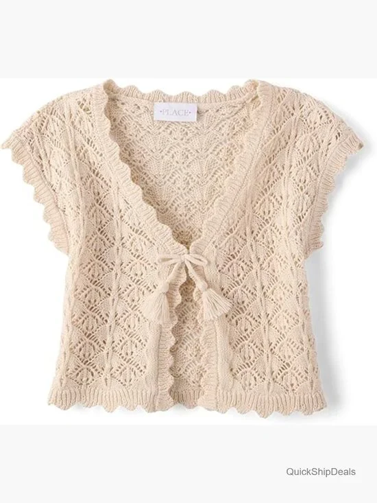 Girls Short Sleeve Sweater Shrug Crochet Pointelle V-Neck Button Front