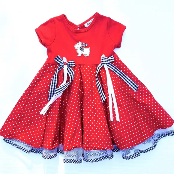 RARE TOO girls red polkadot puppy applique twirl dress