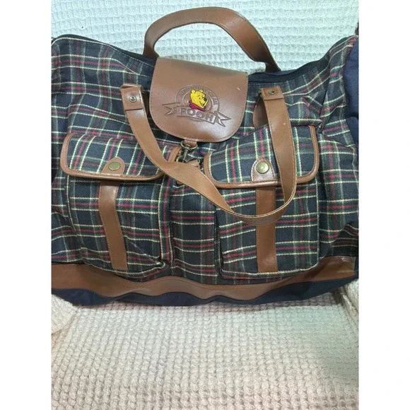 Vintage Unisex Disney Adventure Gear Pooh Duffle Bag Large Blue Plaid