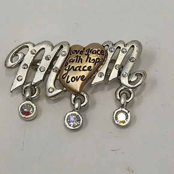 AJMC Mom Two Tone Brooch Pin Dangle Crystal Heart Spellout Fashion Jewelry Gift