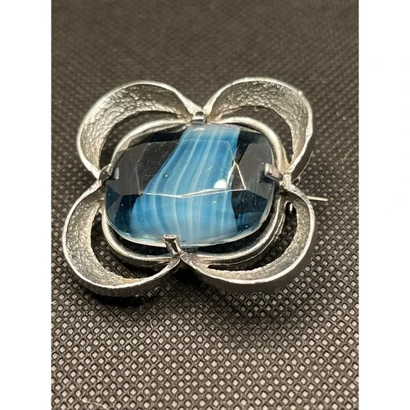 Vintage Silver Tone Blue Striped Art Glass Brooch Textured Openwork Pin