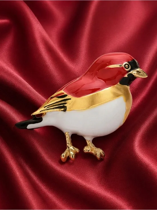 Vintage Red Bird Gold Brooch