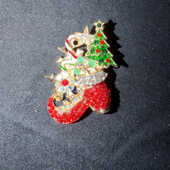 Festive Crystal Christmas Stocking Brooch - Red & Green