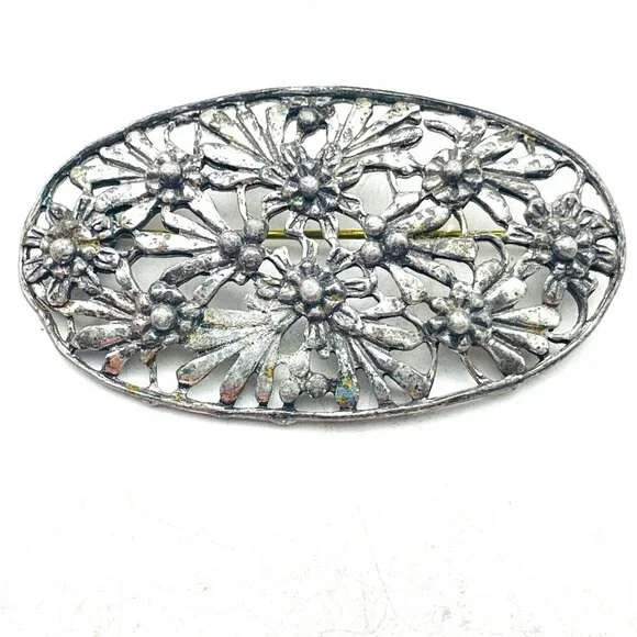 Oval Floral Bouquet Brooch Silver Tone Nature Botanical Garden Trees Flowers