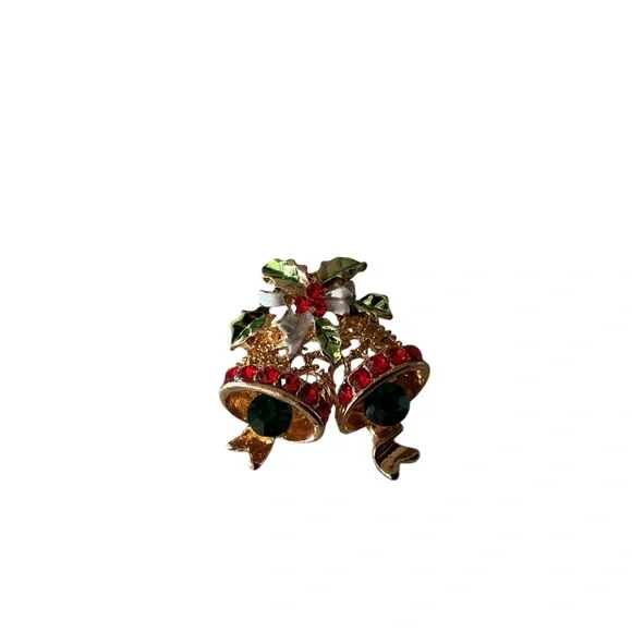 Christmas bell brooch rhinestone red,green,gold metal