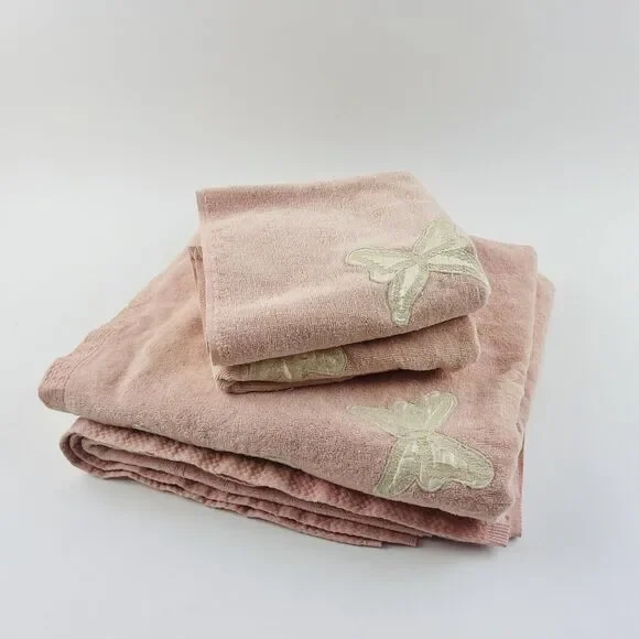 Vintage Avanti Pink Towel Set 4 Butterfly Satin Cream Ivory USA Body Bath Hand