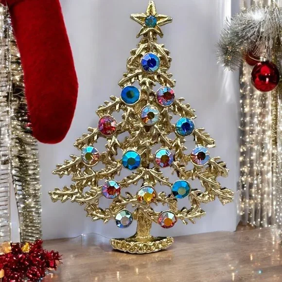 Christmas Tree Brooch Silver Tone Multicolor Rhinestones Jewelry Costume Fashion