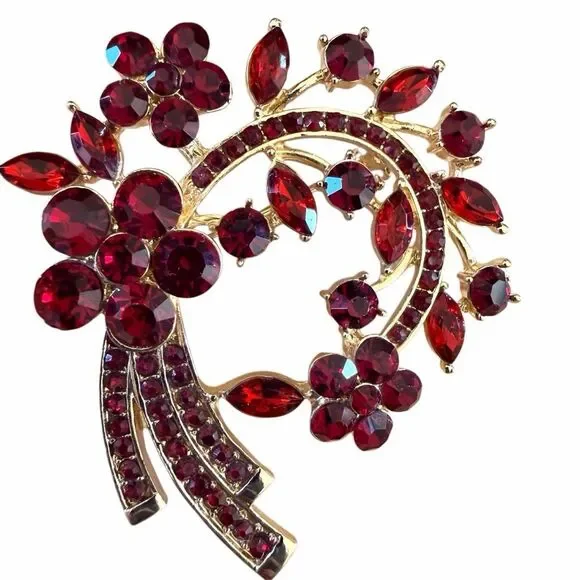 Anne Klein Red Rhinestone Floral Wreath Brooch