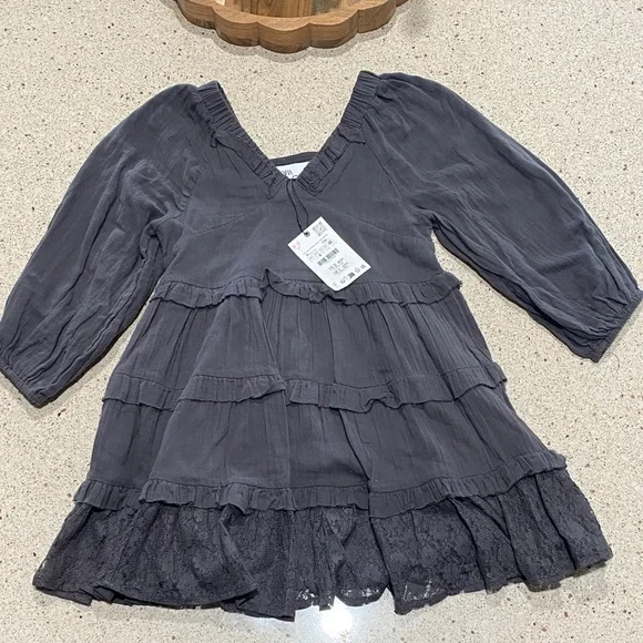 ZARA Girls' Charcoal Tiered Lace-Hem Casual Dress