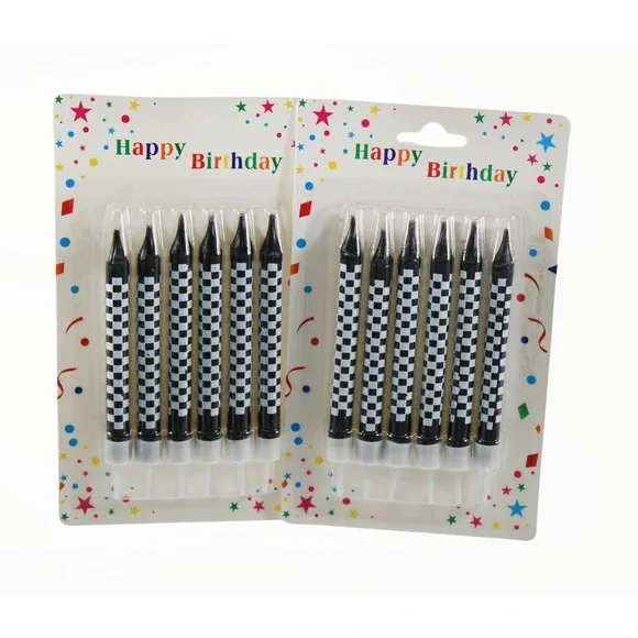 12 Pack Checkerboard Birthday Candles Black White Racing Theme Retro Party Decor
