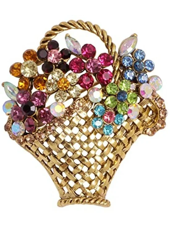 Rhinestone Flower Basket Brooch Pin for Women Girls Gold Plated Vintage Colorful