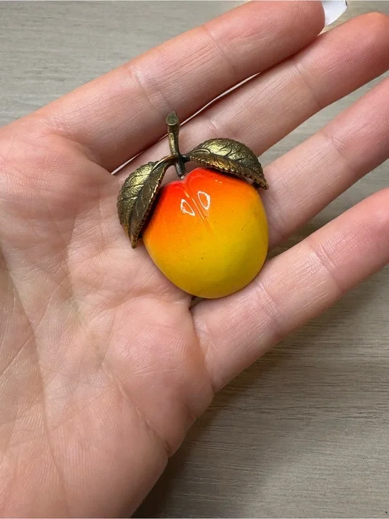 Vintage Fruit Brooch with Brass Leaves - Orange Yellow Peach Pin