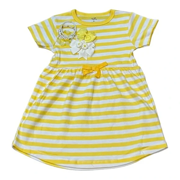 Girls dress 3T yellow white stripes daisy hair bows and matching bracelets