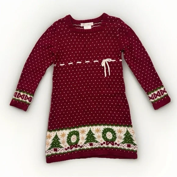 Maggie & Zoe 4T Red White Sweater Dress Christmas Wreath Tree Trim Long Sleeve