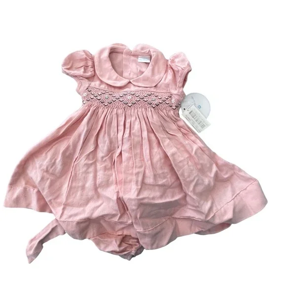 Edgehill Collection Pink Smocked Floral Cotton Dress & Diaper Cover 3M I07