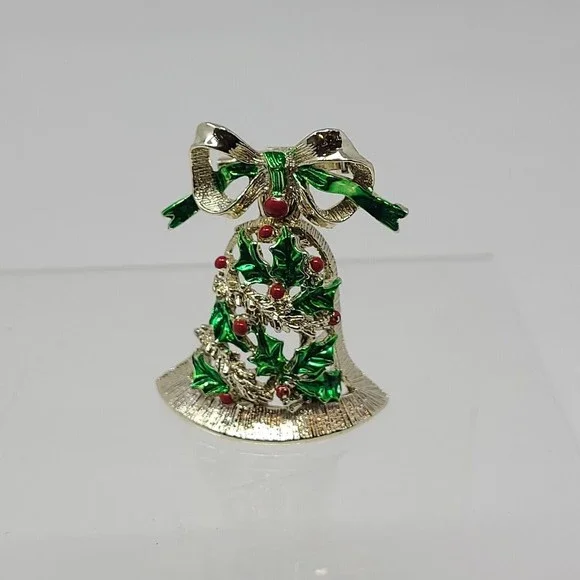 Vintage Gerry's Christmas Jingle Bell Holly Leaf Bow Enamel 2