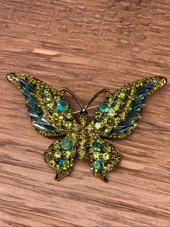Green and Teal Crystal Butterfly Vintage Style Gold Tone Brooch