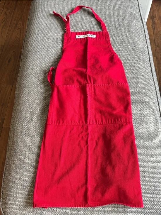 Williams Sonoma Red Cotton Adjustable Bib Apron Kitchen Chef Cooking Pockets EUC