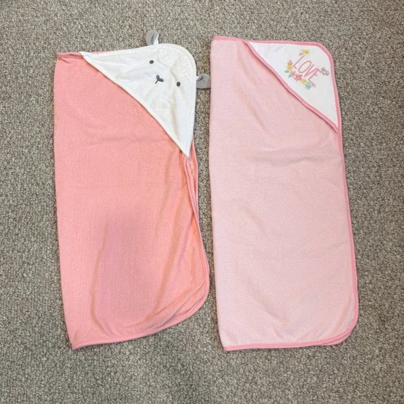Pink Hooded Baby Bath Towel Set Lamb Animal & Love Floral 2 Pack