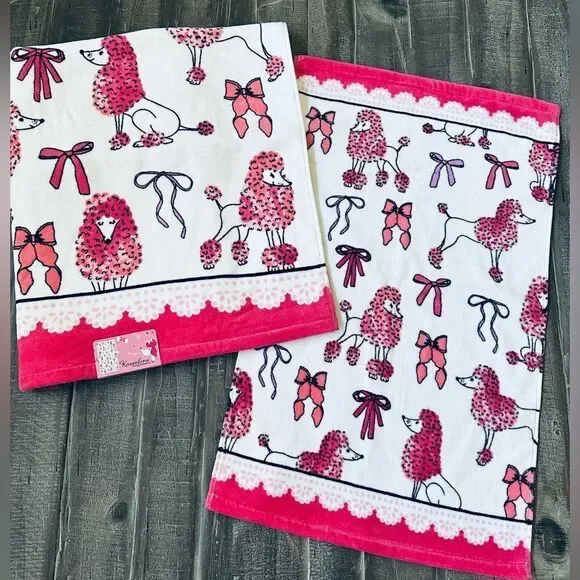 Pink Poodle Dog Bows Print Valentine Bath Towels Set