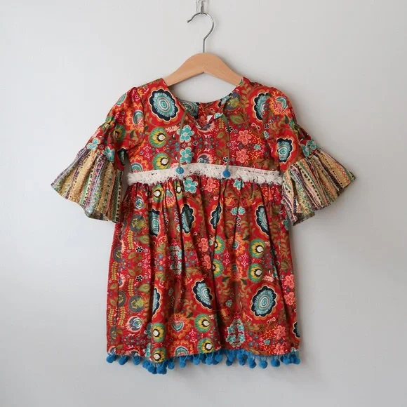 Haute Baby Boho Print Bell Sleeve Tassel 100% Cotton Dress 3T