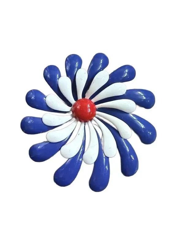 Vintage Enamel Flower Brooch Blue White Red Atomic Mid Century Pin