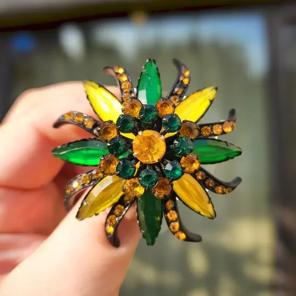 Vtg Selro Selini Brooch Japanned Amber Green Yellow Glass Marquise Rhinestones