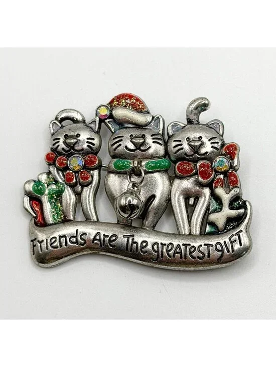 CAT PIN Brooch CHRISTMAS “Friends Are The Greatest Gift” Silver Tone Rhinestones