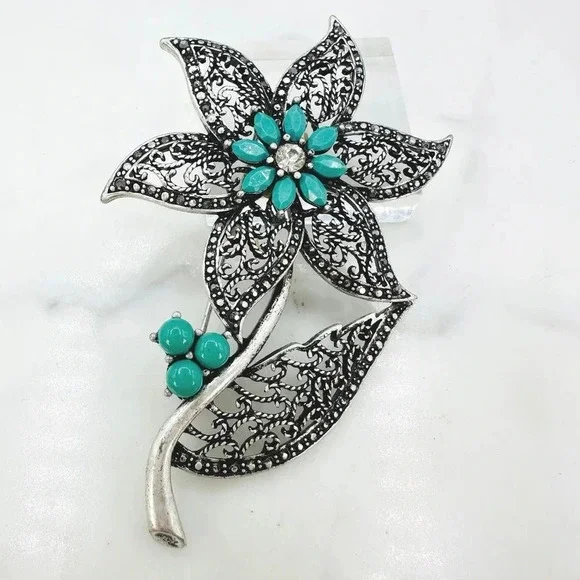 Big 3.25” Flower Brooch Pin Filigree Faux Turquoise Rhinestone Marcasite
