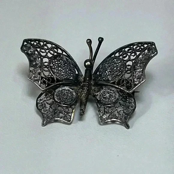 Vintage Small 800‎ Silver Gilt Filigree Plique A Jour Butterfly Brooch Dainty