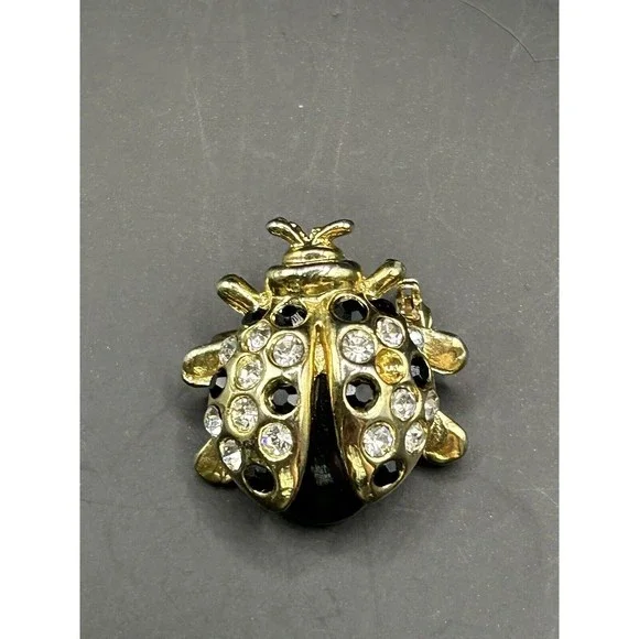 Ladybug Onyx Clear Crystals‎ Black Vintage Gold Color Brooch