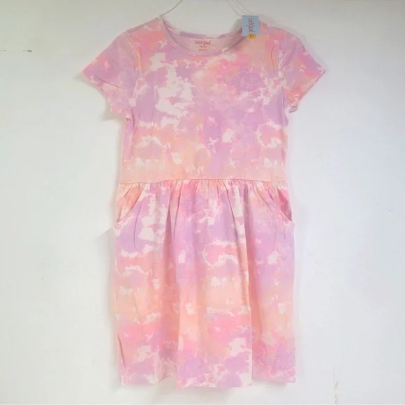Cat and Jack Pink Orange White Short Sleeve Tie Dye Casual Dress Pockets