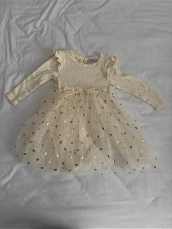 Baby girl Cream Long-Sleeve Tutu Dress with Gold Polka Dots size 12-18months