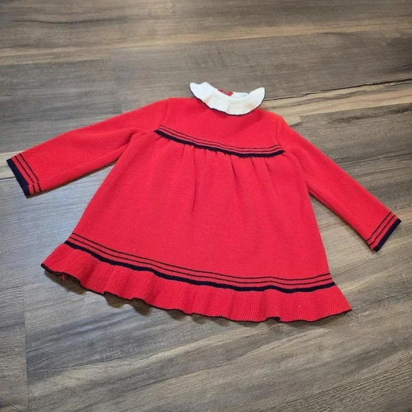 Girls Vintage Red‎ Acrylic Long Sleeve Winter Collar Dress Christmas Preppy Sz 2