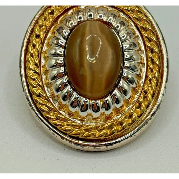 Vintage Gold and Silver Tone Scarf Clip Rope Style Border Tiger's Eye Stone