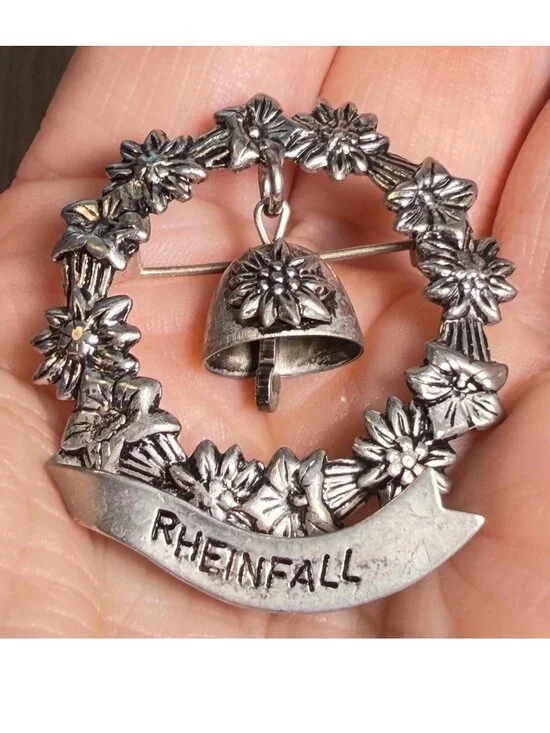 Vintage Rheinfall Swiss Alps Edelweiss Cowbell Souvenir Brooch Pin 1.75”
