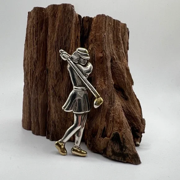 Vintage Sterling Silver 925‎ & Gilt Gold Accent Golfing Woman Pendant Brooch