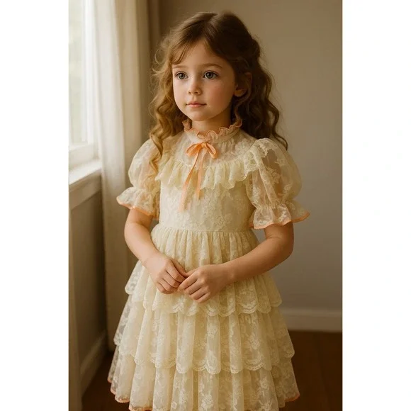 Vtg‎ Edwardian Dress Girls 7 Lace Ruffle Tiered Victorian Cottagecore Prairie