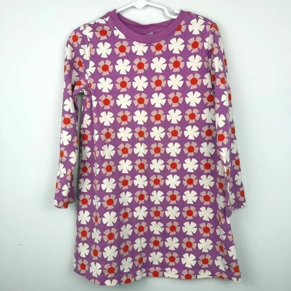Hanna Andersson Dress Girls‎ 5 Purple Floral Scandi Mod Retro Long Sleeve Cotton